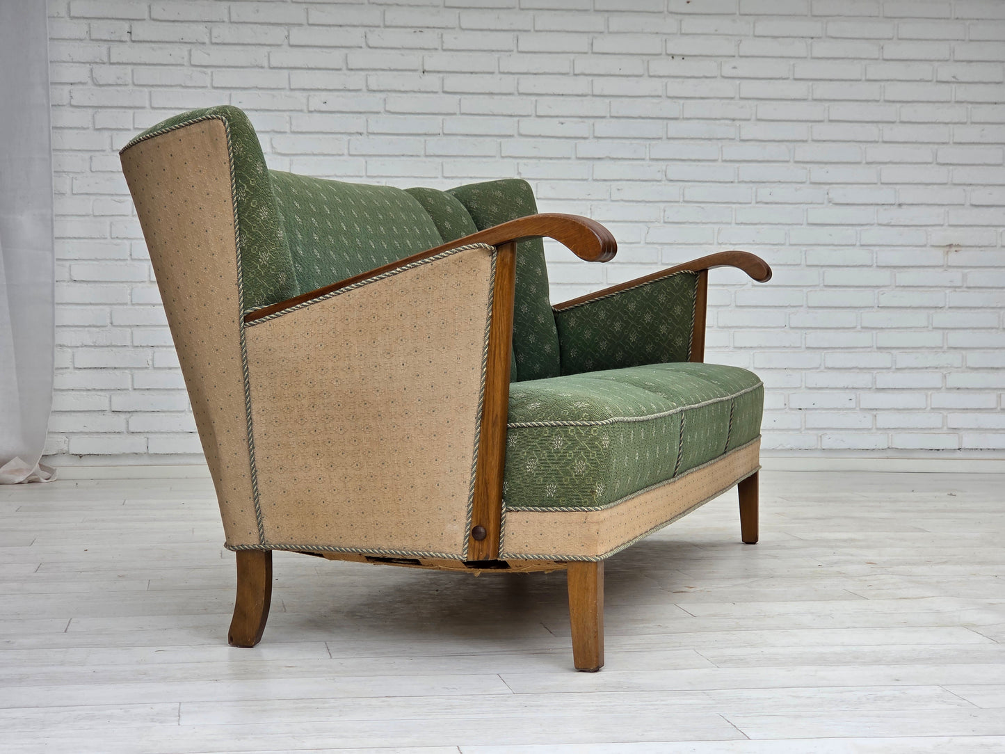 1950s, Danish 3-seater sofa, green/beige furniture wool fabric, oak wood.