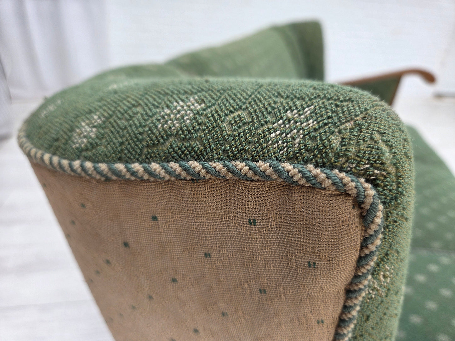 1950s, Danish 3-seater sofa, green/beige furniture wool fabric, oak wood.