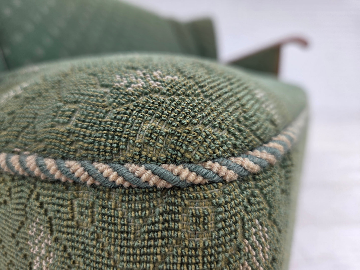 1950s, Danish 3-seater sofa, green/beige furniture wool fabric, oak wood.