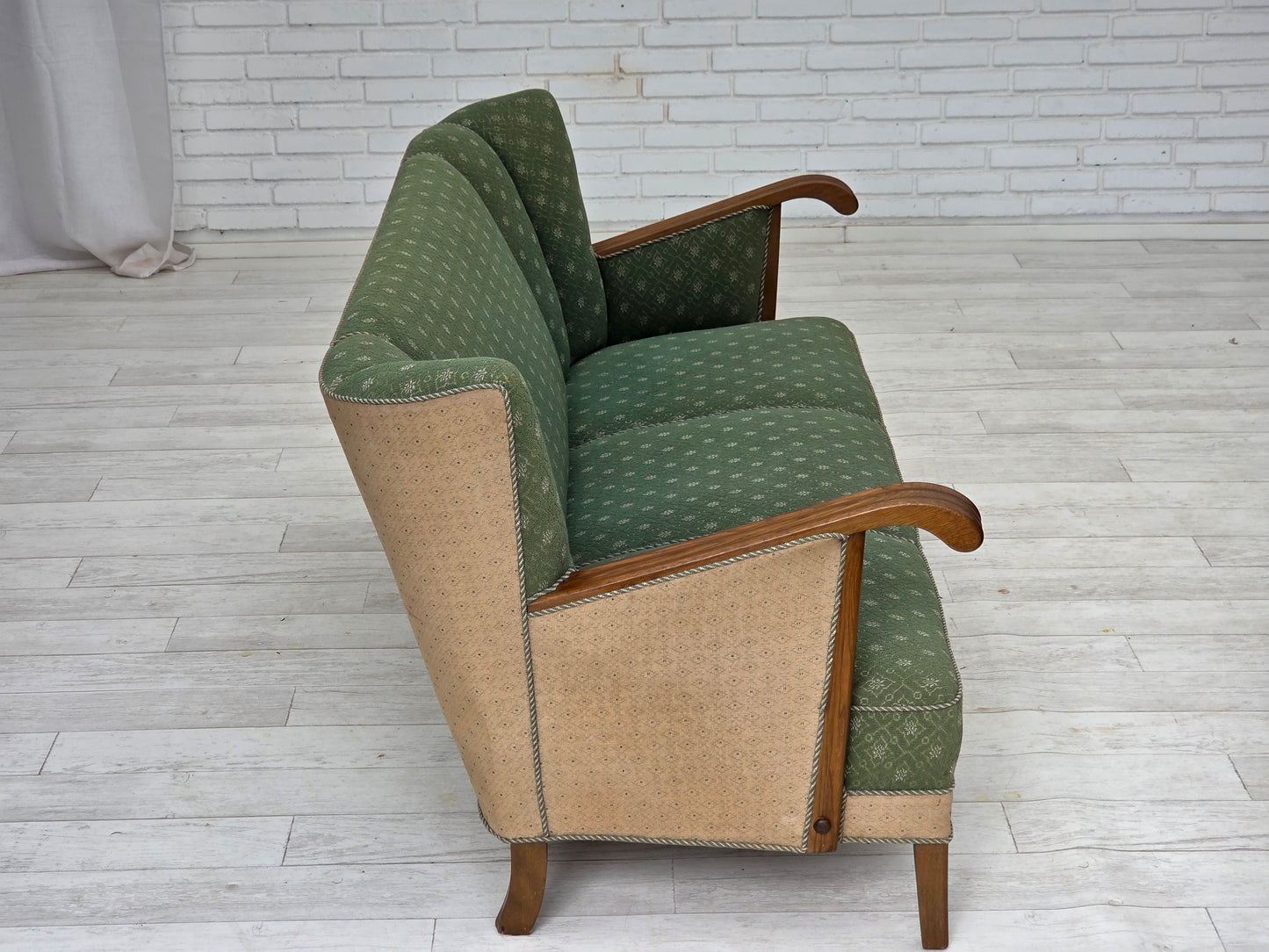 1950s, Danish 3-seater sofa, green/beige furniture wool fabric, oak wood.