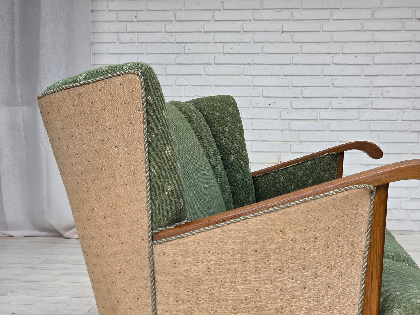 1950s, Danish 3-seater sofa, green/beige furniture wool fabric, oak wood.