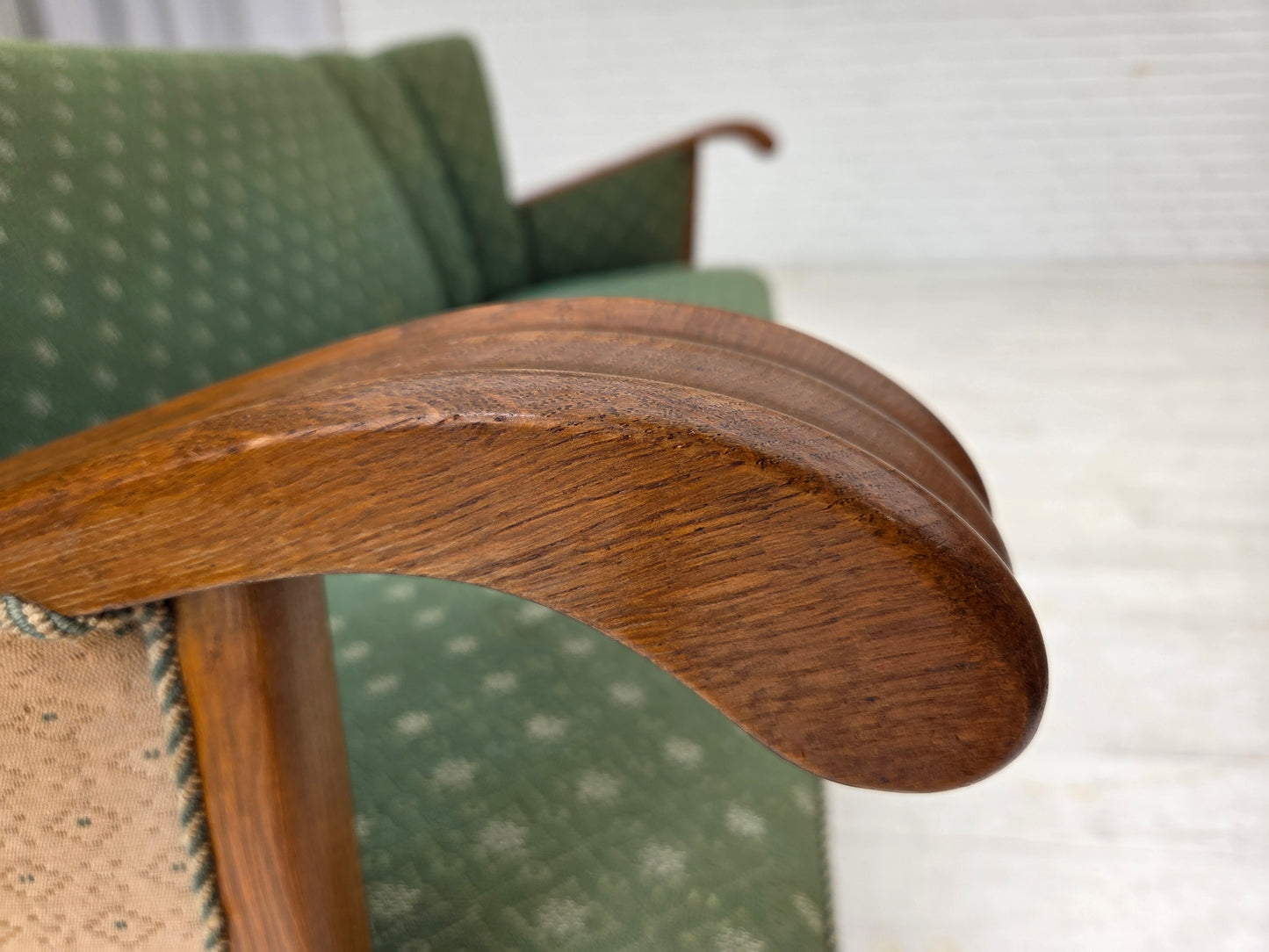 1950s, Danish 3-seater sofa, green/beige furniture wool fabric, oak wood.