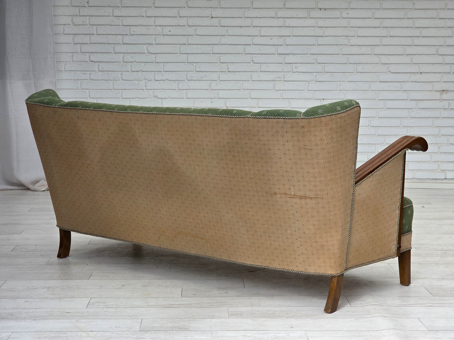 1950s, Danish 3-seater sofa, green/beige furniture wool fabric, oak wood.