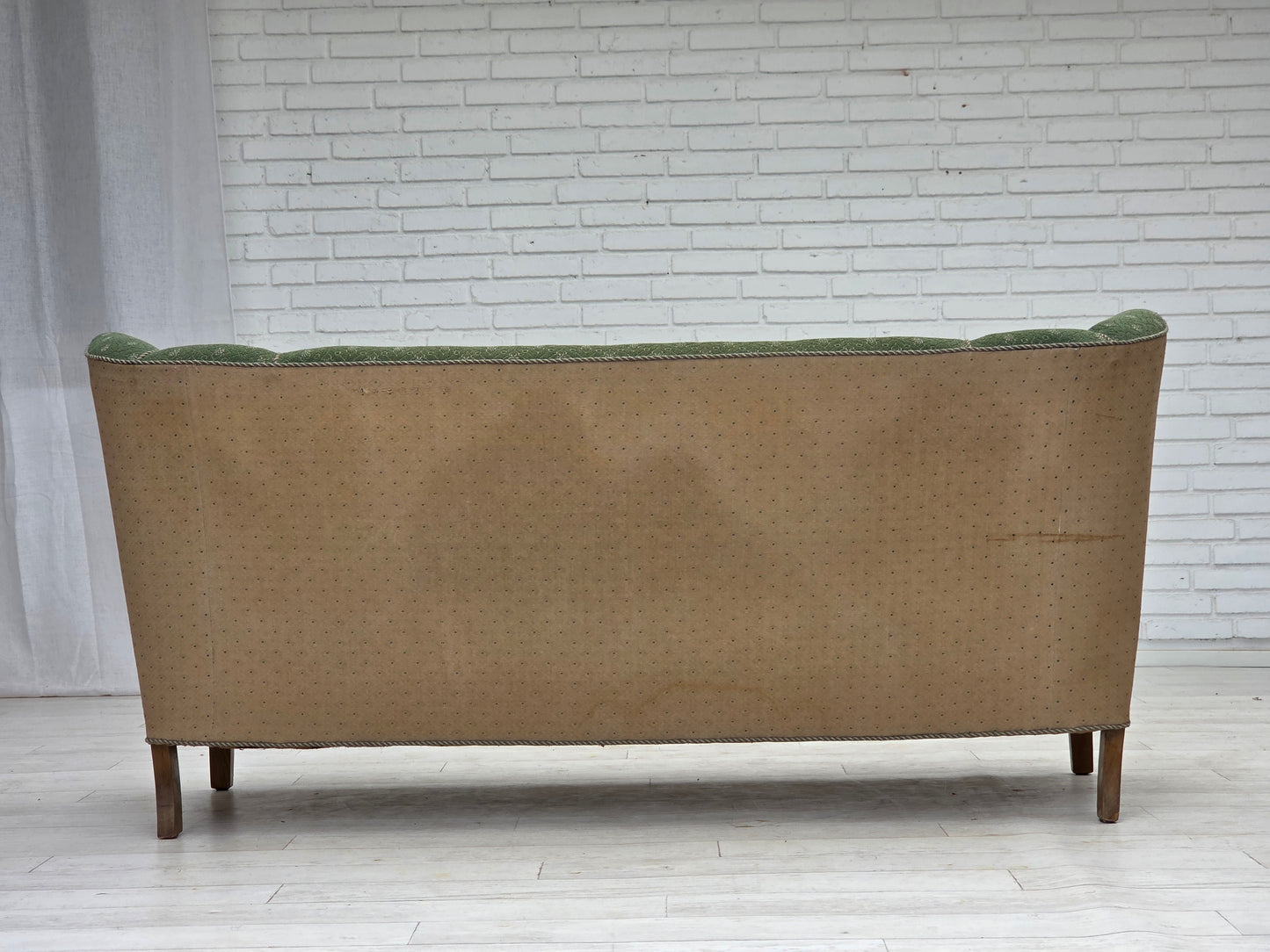 1950s, Danish 3-seater sofa, green/beige furniture wool fabric, oak wood.