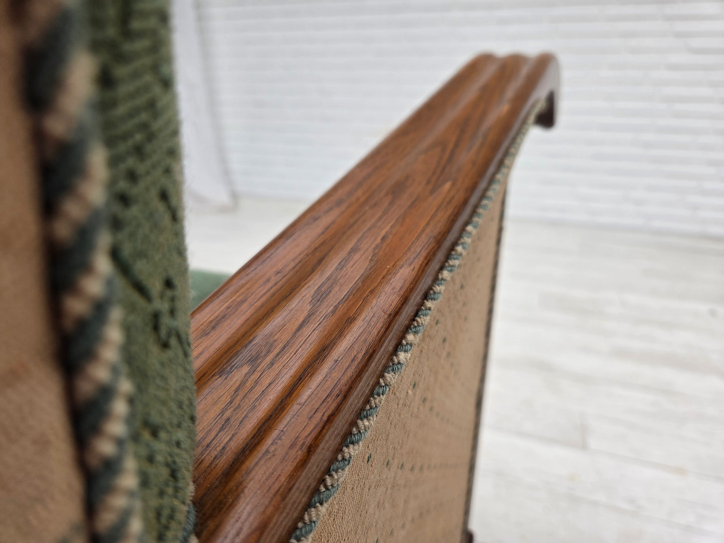 1950s, Danish 3-seater sofa, green/beige furniture wool fabric, oak wood.