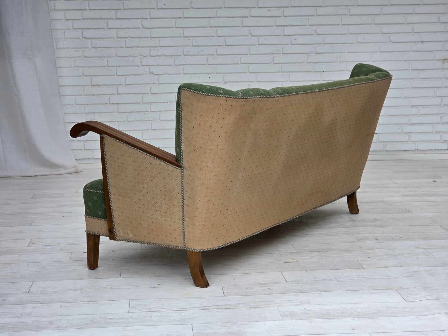 1950s, Danish 3-seater sofa, green/beige furniture wool fabric, oak wood.