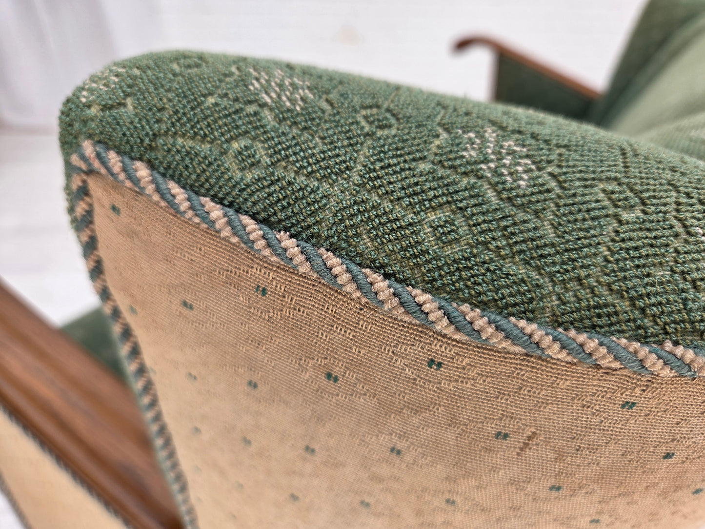 1950s, Danish 3-seater sofa, green/beige furniture wool fabric, oak wood.
