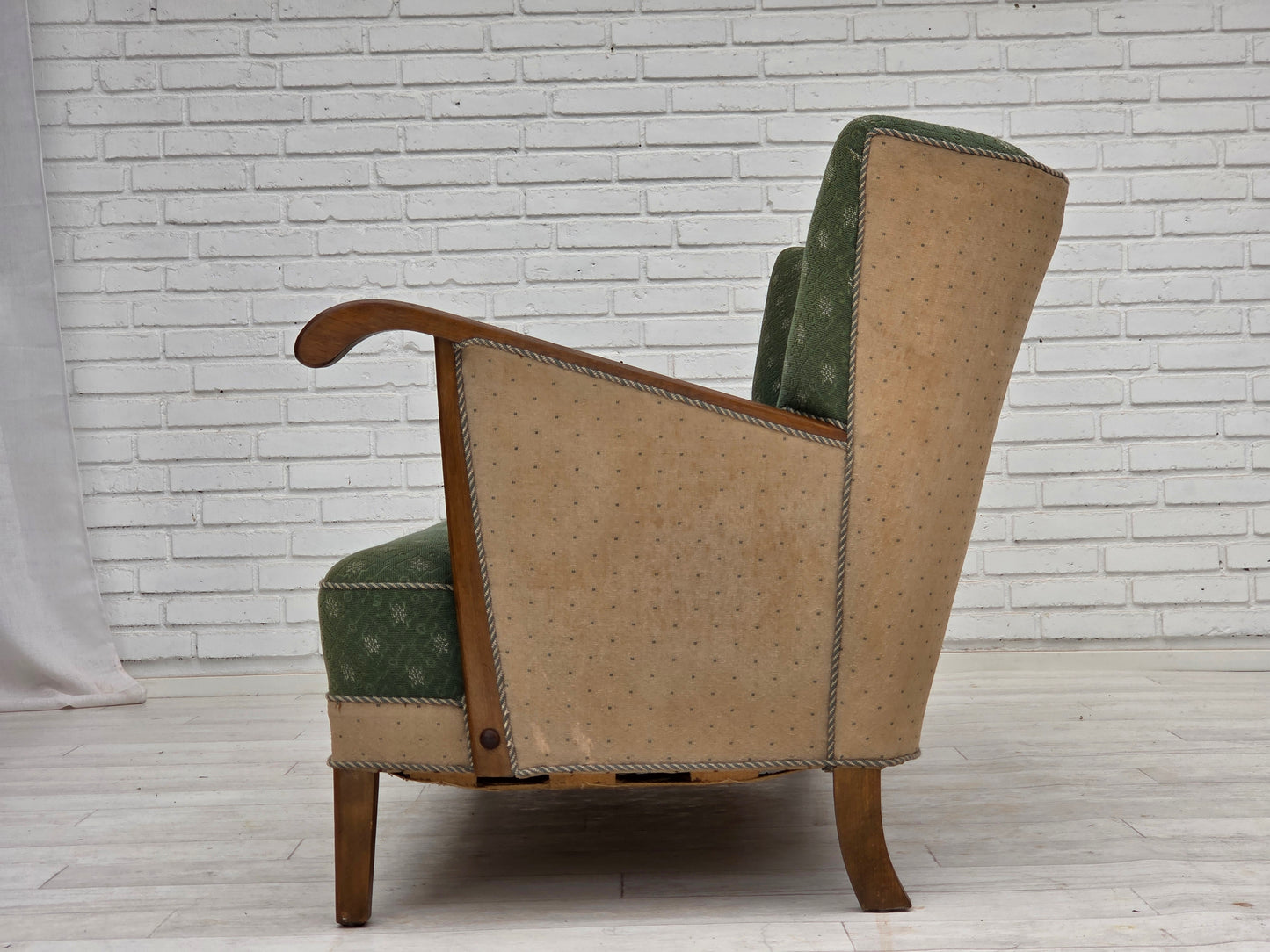 1950s, Danish 3-seater sofa, green/beige furniture wool fabric, oak wood.