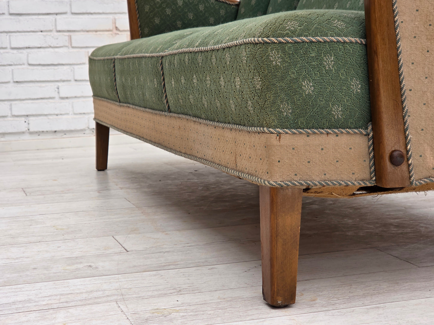 1950s, Danish 3-seater sofa, green/beige furniture wool fabric, oak wood.