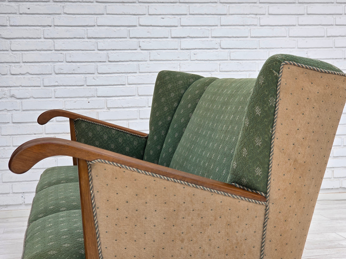 1950s, Danish 3-seater sofa, green/beige furniture wool fabric, oak wood.