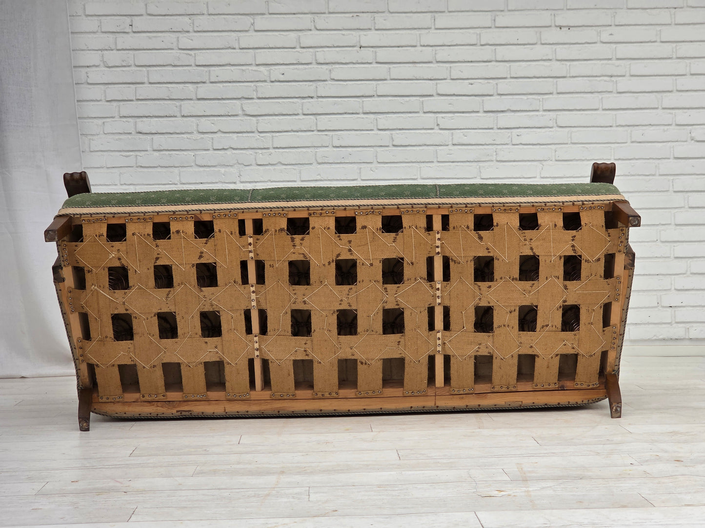 1950s, Danish 3-seater sofa, green/beige furniture wool fabric, oak wood.