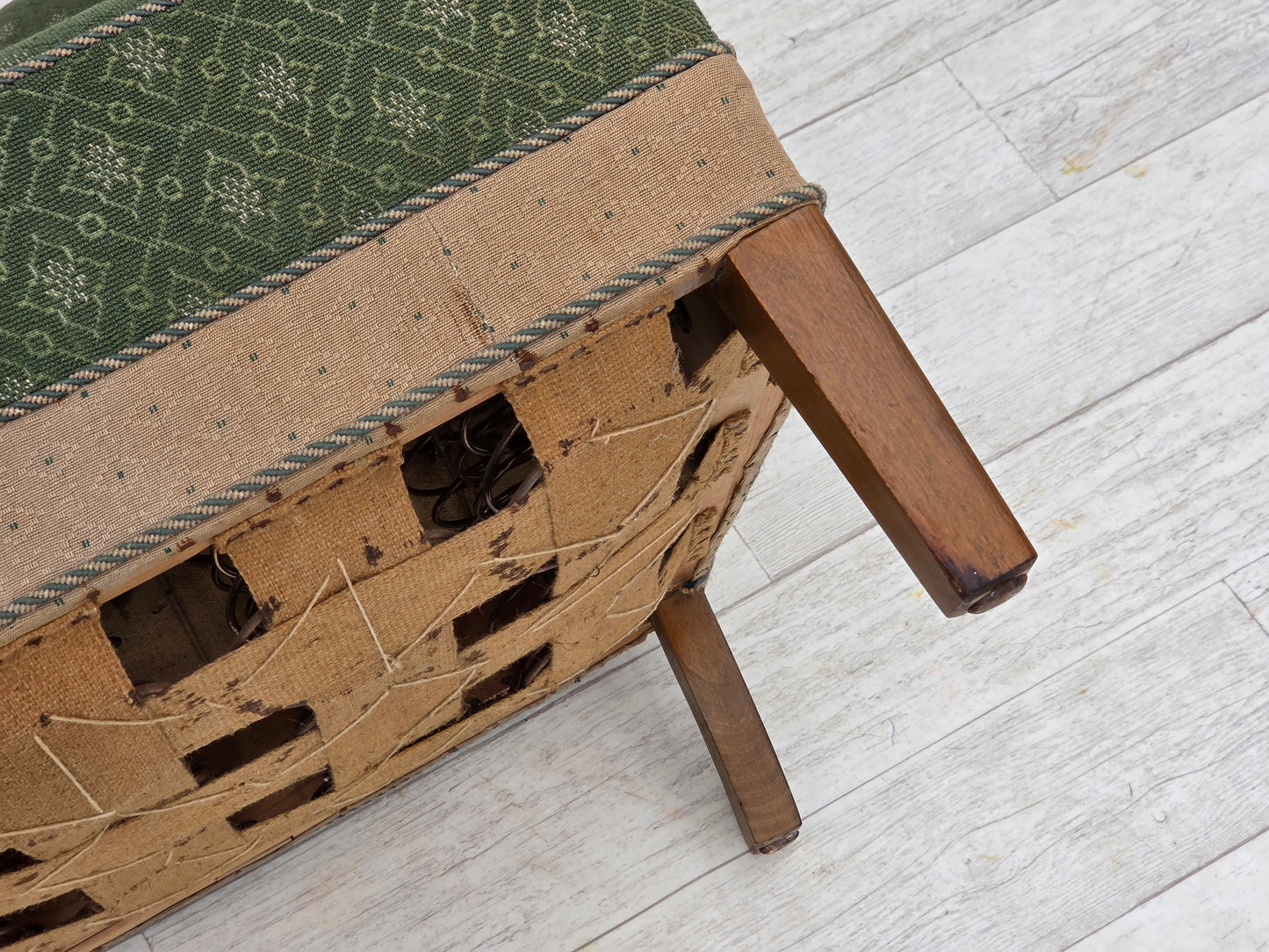 1950s, Danish 3-seater sofa, green/beige furniture wool fabric, oak wood.