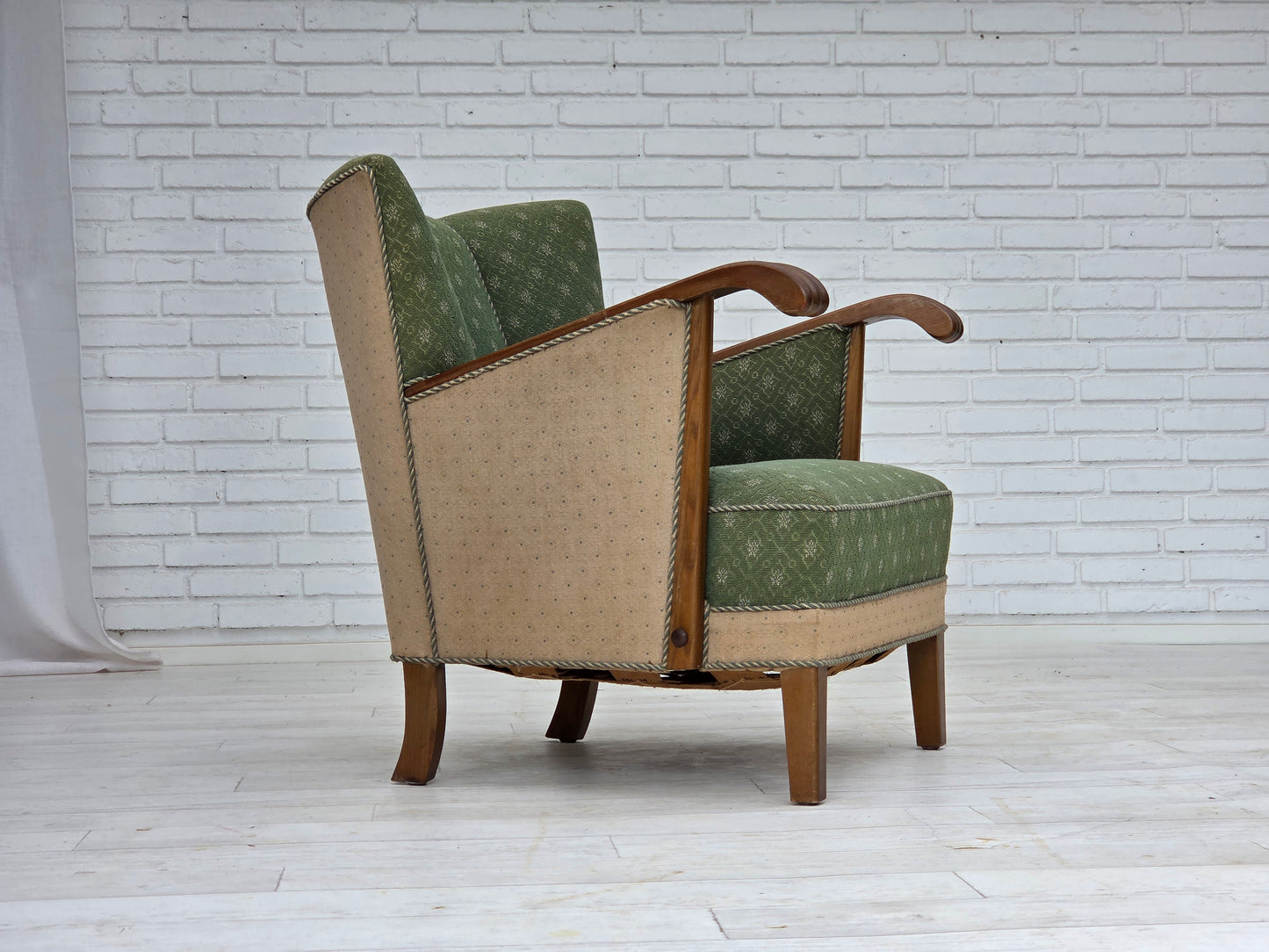 1950s, Danish armchair, original green/beige furniture wool fabric, oak wood.