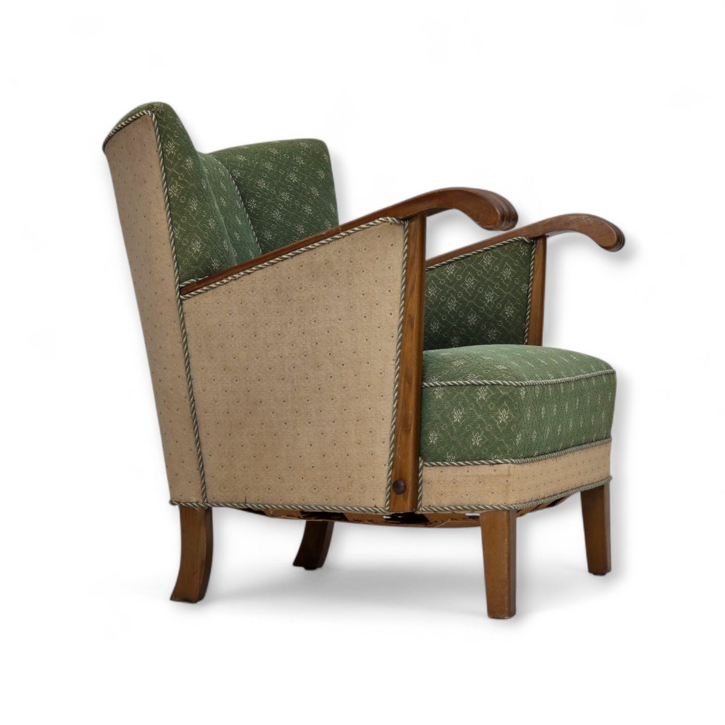 1950s, Danish armchair, original green/beige furniture wool fabric, oak wood.