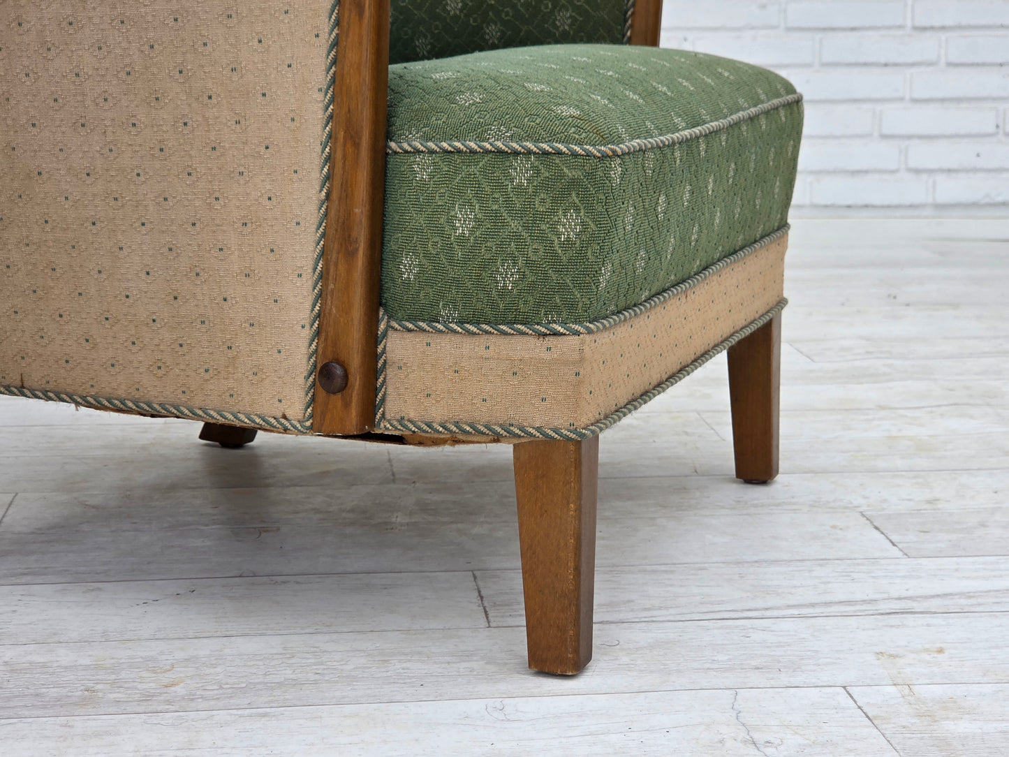 1950s, Danish armchair, original green/beige furniture wool fabric, oak wood.