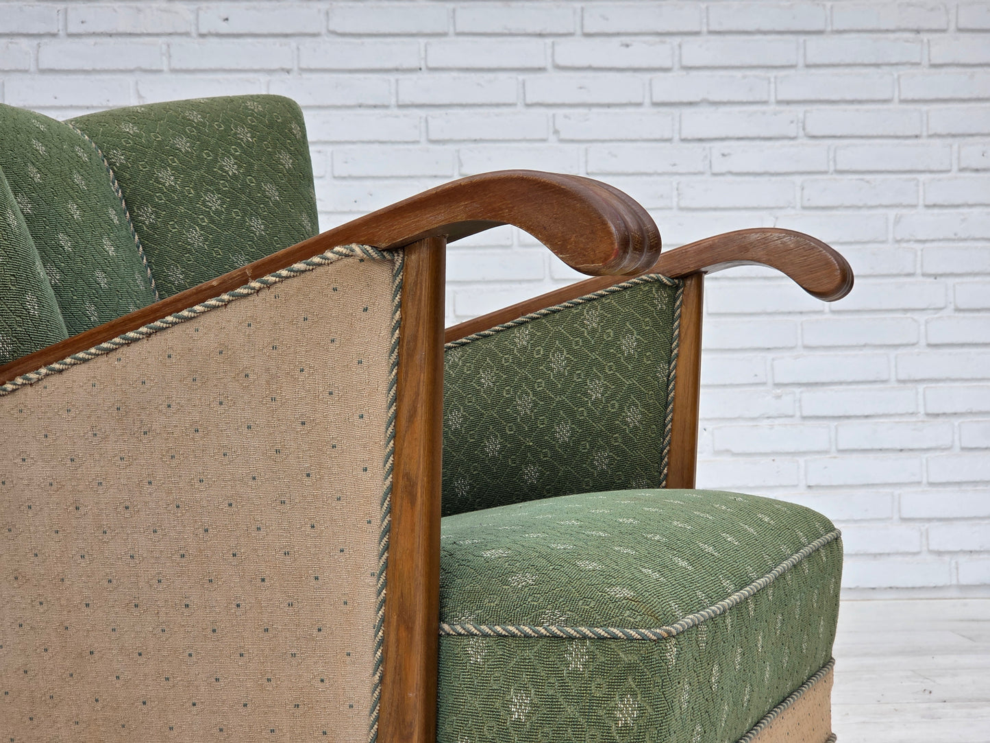1950s, Danish armchair, original green/beige furniture wool fabric, oak wood.