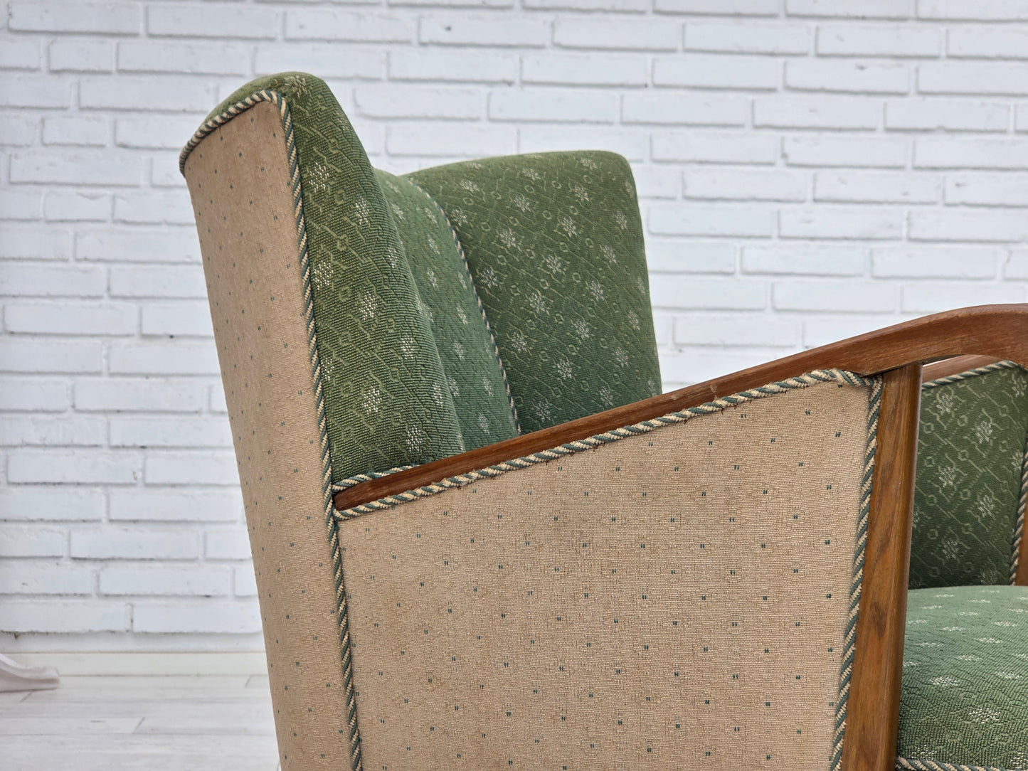 1950s, Danish armchair, original green/beige furniture wool fabric, oak wood.