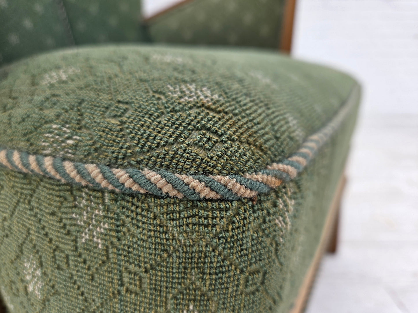 1950s, Danish armchair, original green/beige furniture wool fabric, oak wood.