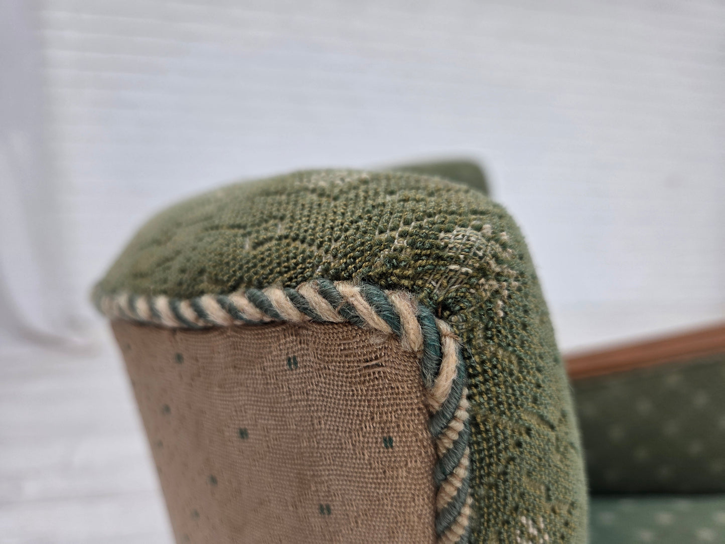 1950s, Danish armchair, original green/beige furniture wool fabric, oak wood.