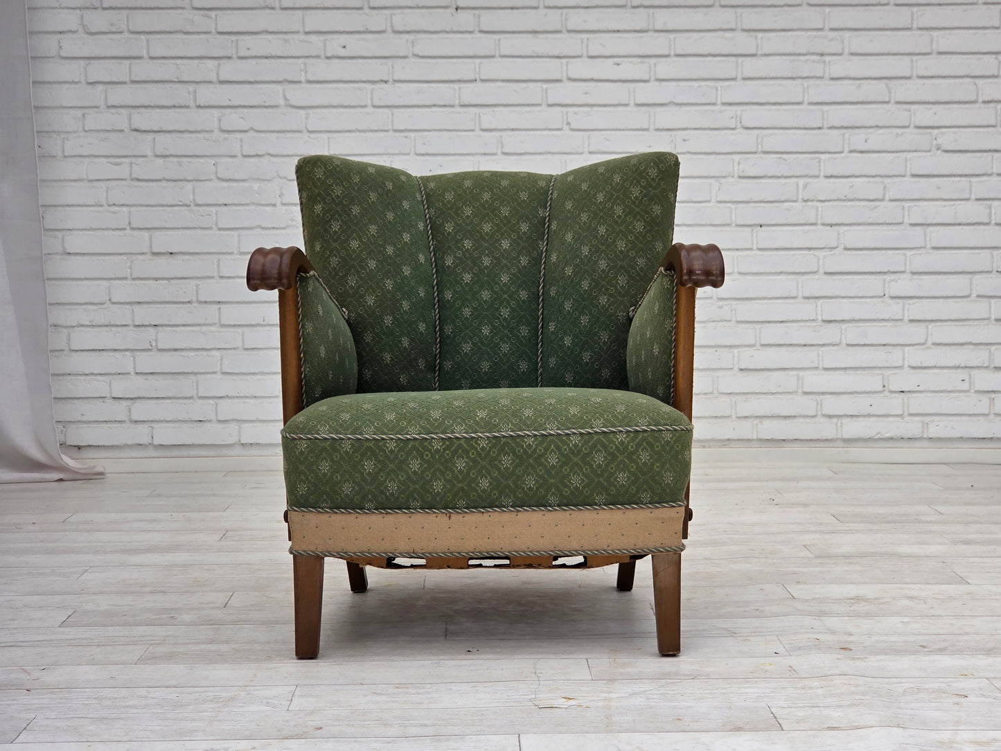 1950s, Danish armchair, original green/beige furniture wool fabric, oak wood.
