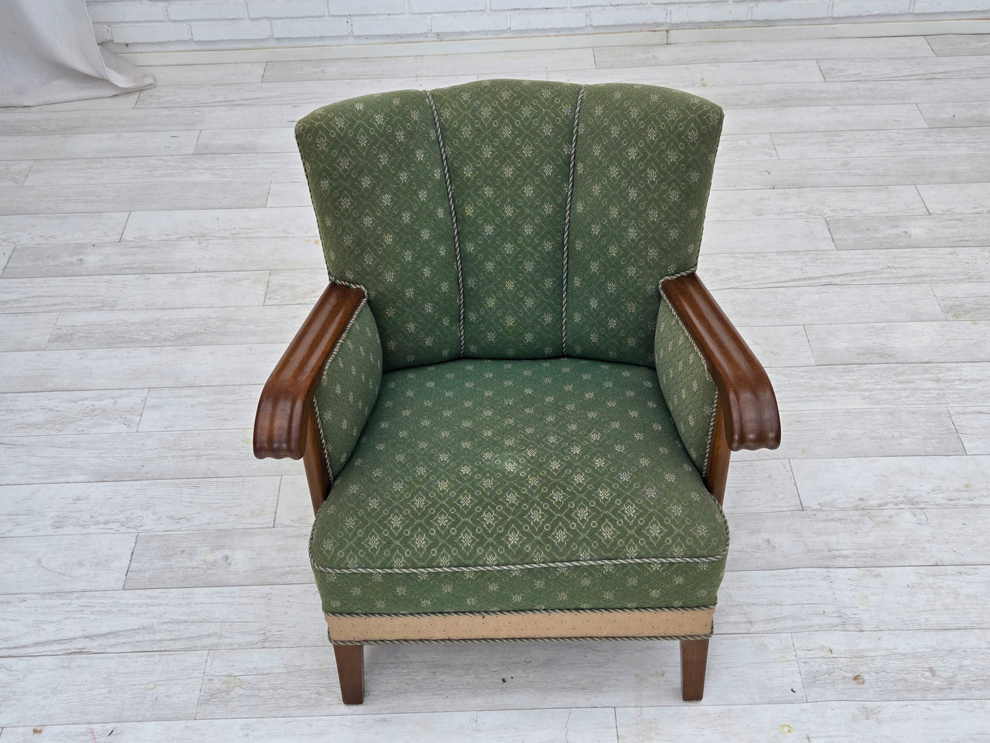1950s, Danish armchair, original green/beige furniture wool fabric, oak wood.