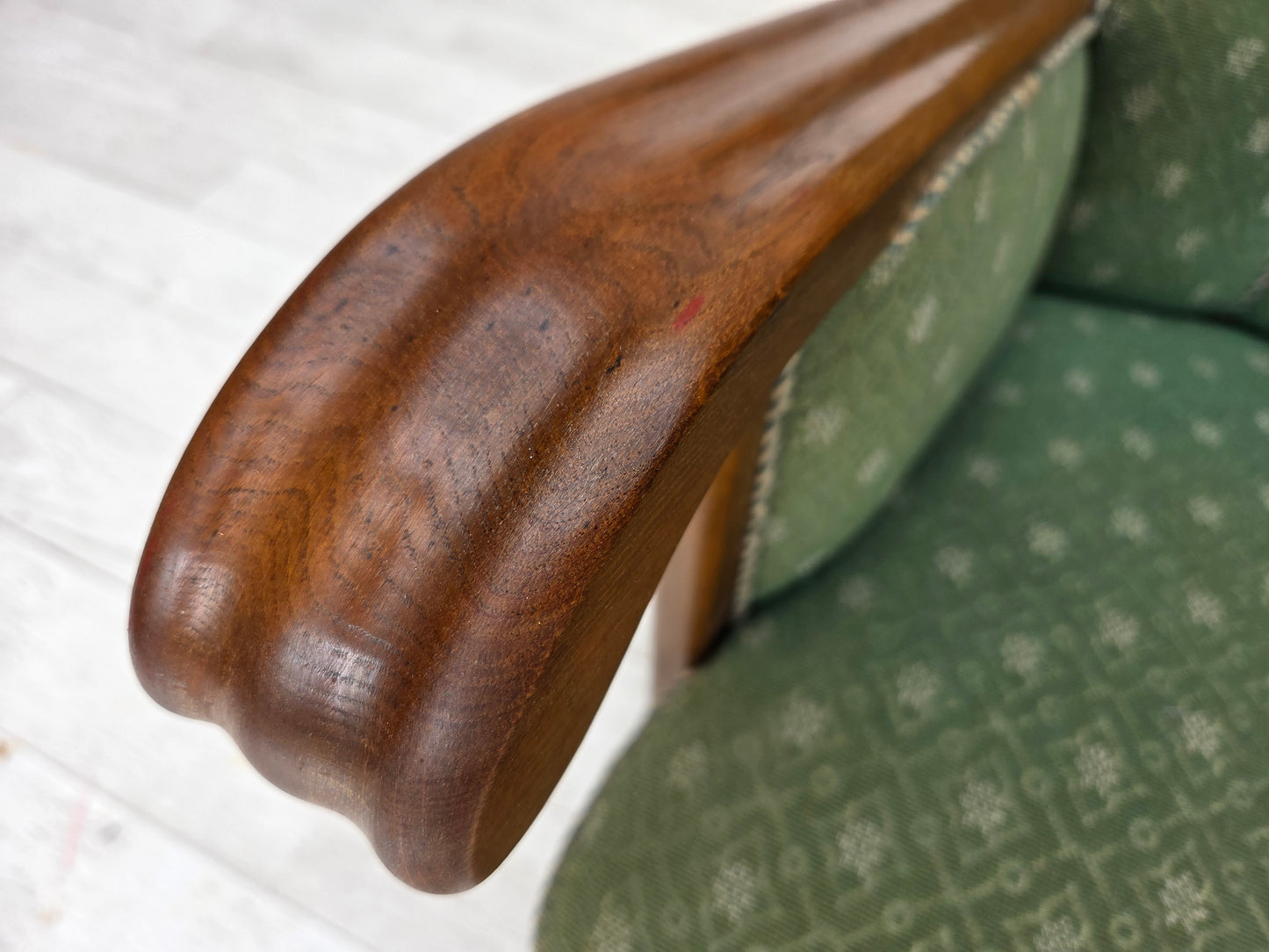 1950s, Danish armchair, original green/beige furniture wool fabric, oak wood.