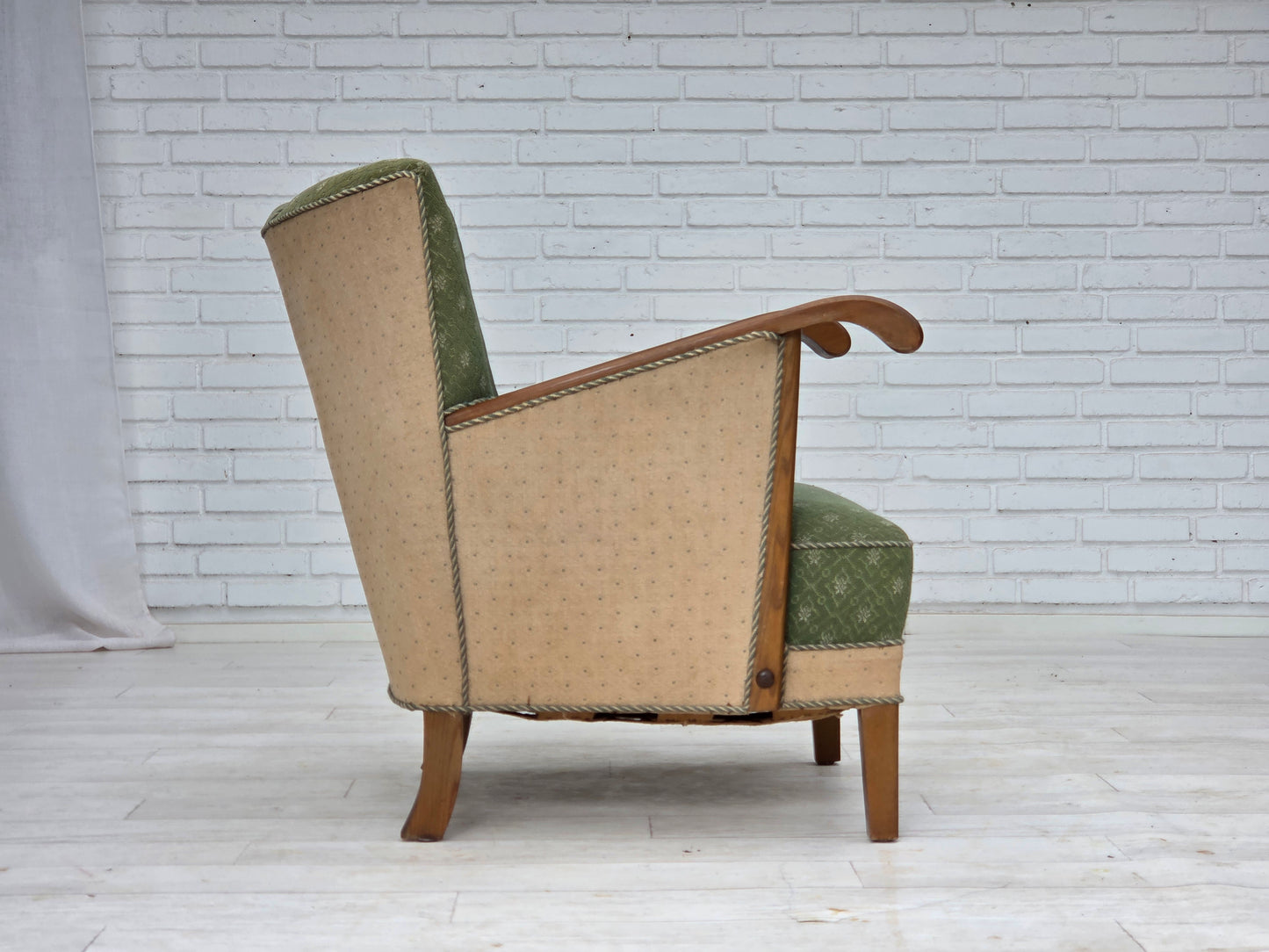 1950s, Danish armchair, original green/beige furniture wool fabric, oak wood.