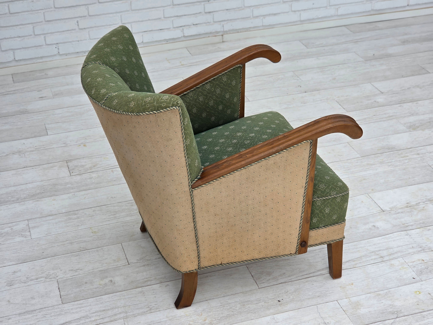 1950s, Danish armchair, original green/beige furniture wool fabric, oak wood.