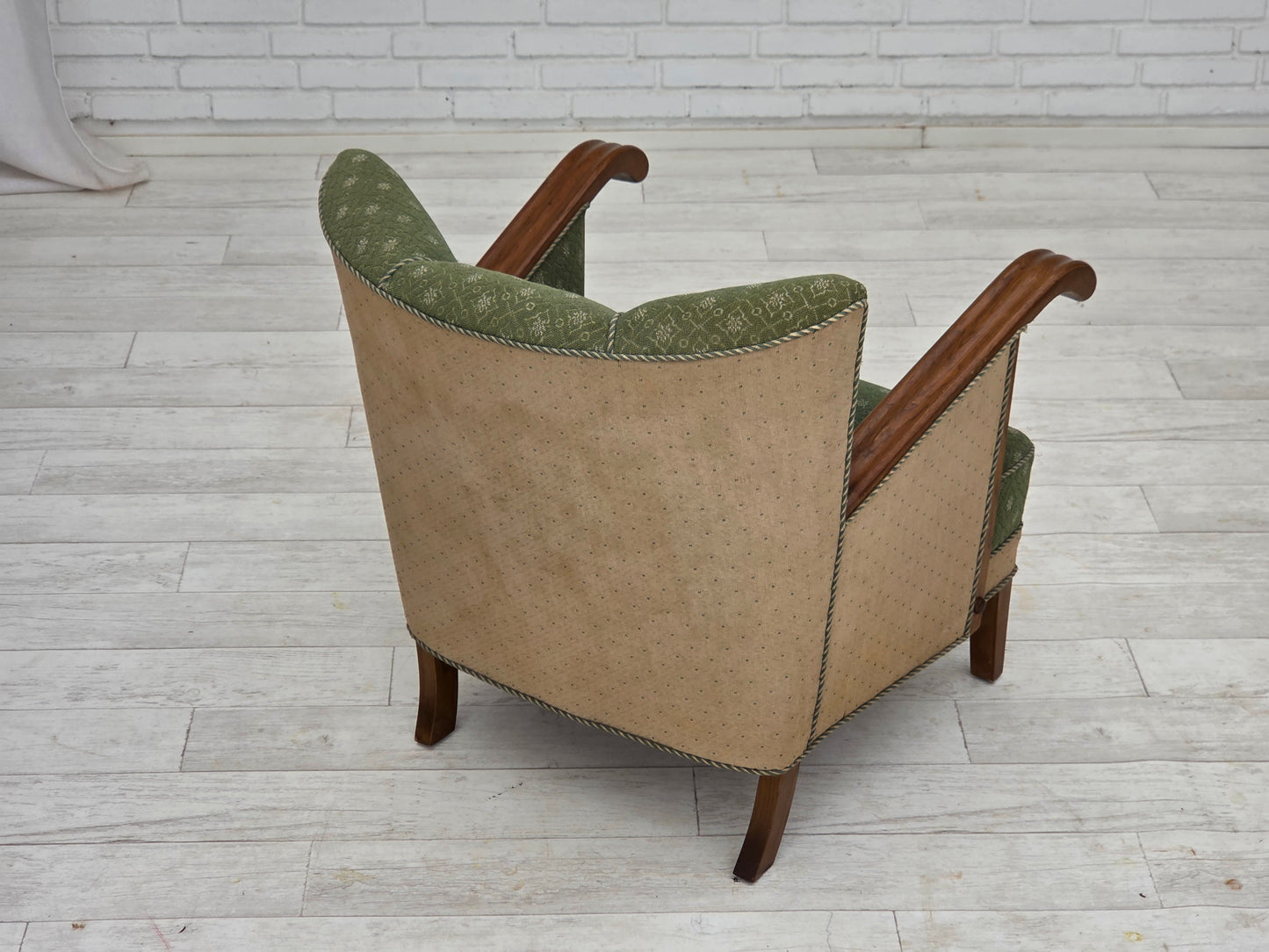 1950s, Danish armchair, original green/beige furniture wool fabric, oak wood.