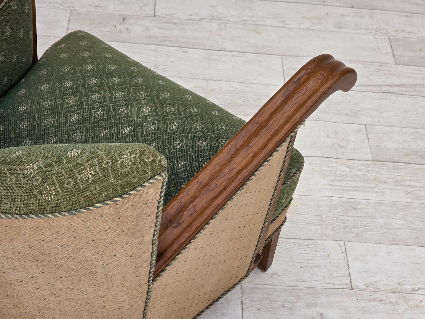 1950s, Danish armchair, original green/beige furniture wool fabric, oak wood.