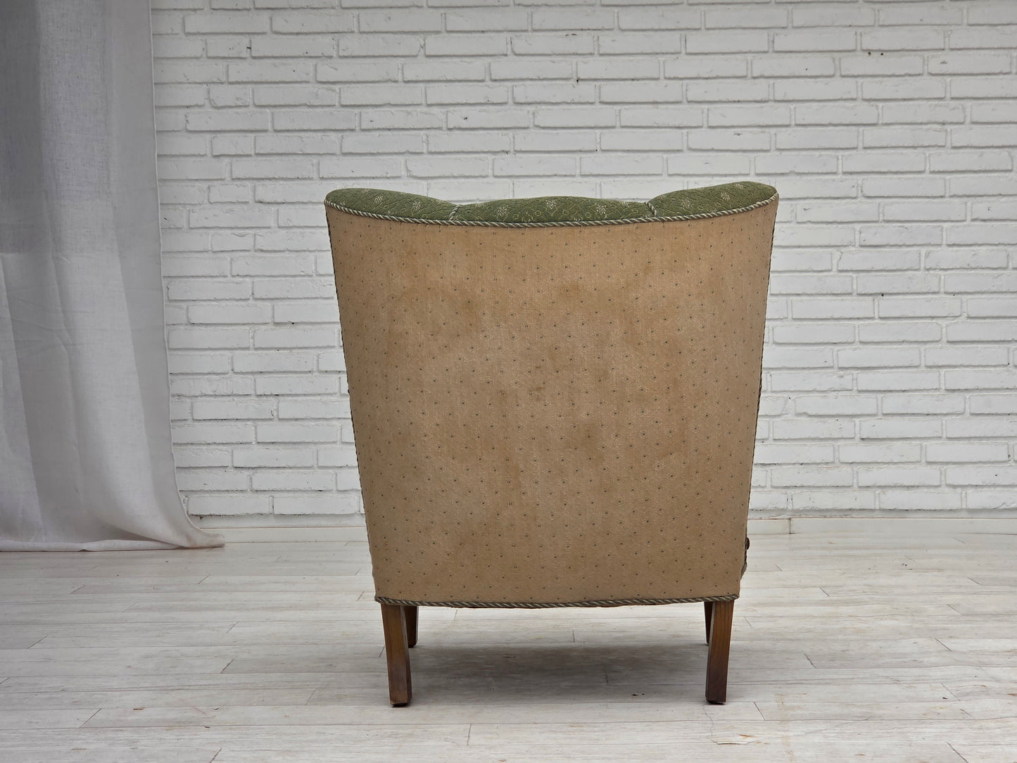 1950s, Danish armchair, original green/beige furniture wool fabric, oak wood.