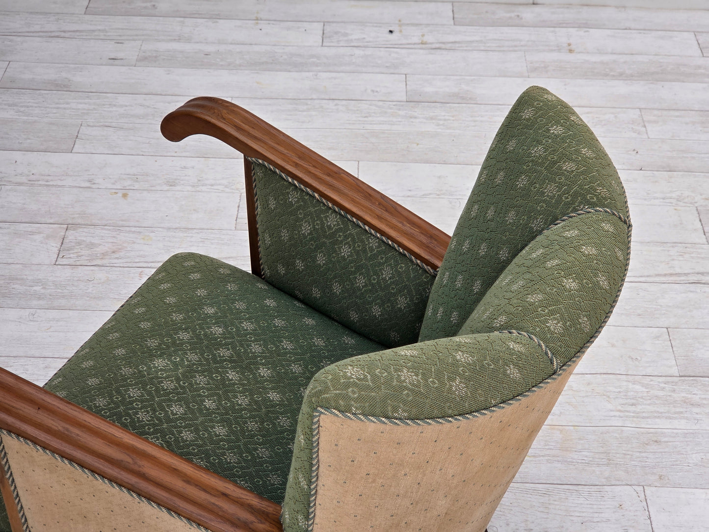 1950s, Danish armchair, original green/beige furniture wool fabric, oak wood.