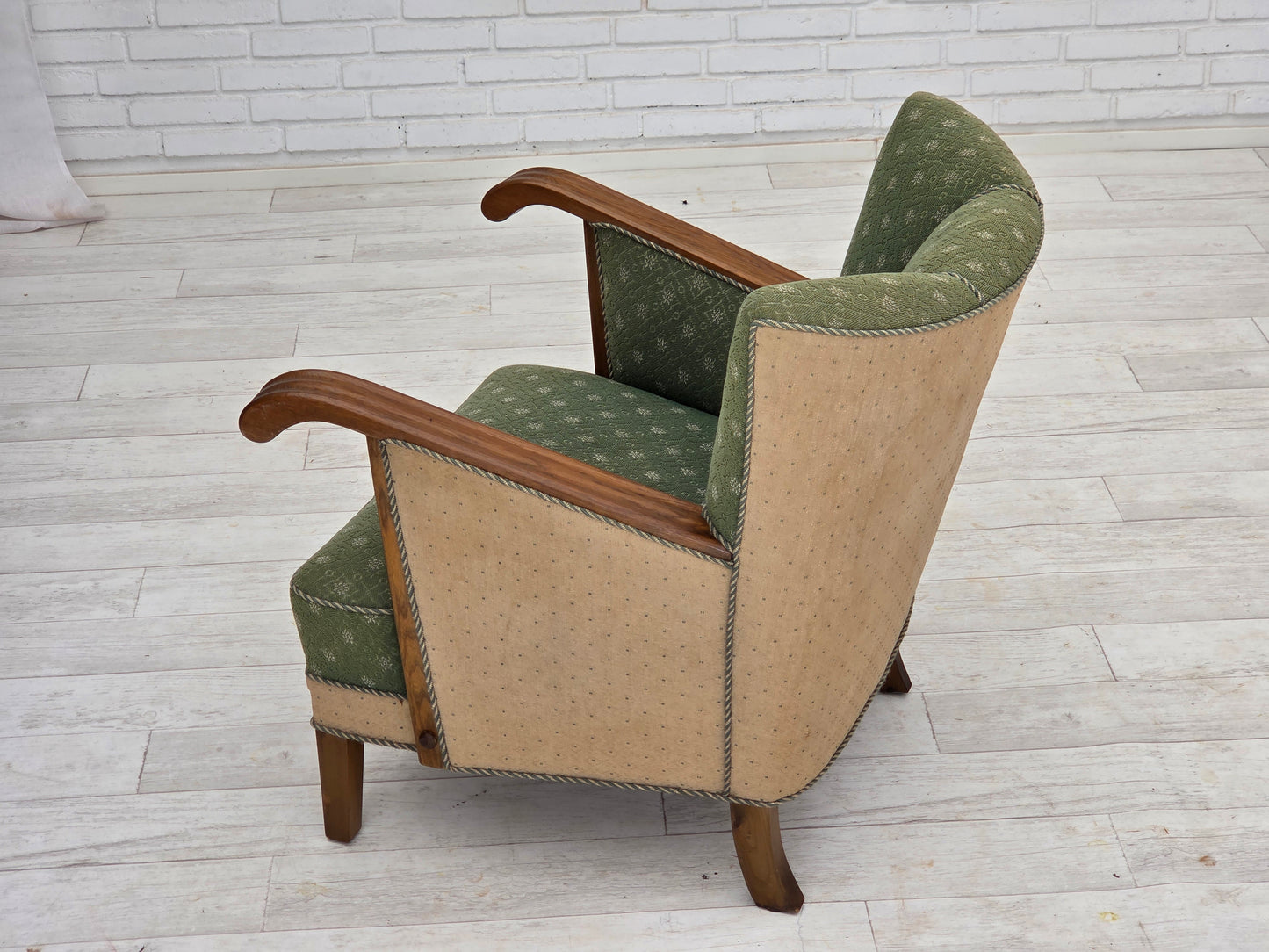 1950s, Danish armchair, original green/beige furniture wool fabric, oak wood.