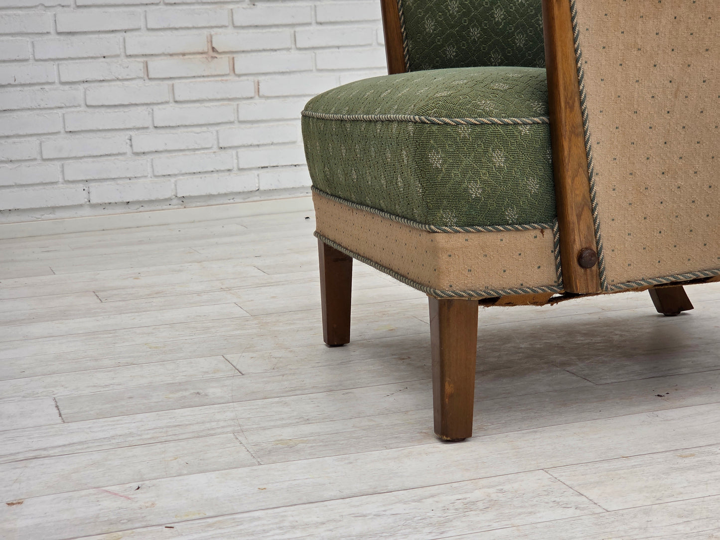 1950s, Danish armchair, original green/beige furniture wool fabric, oak wood.