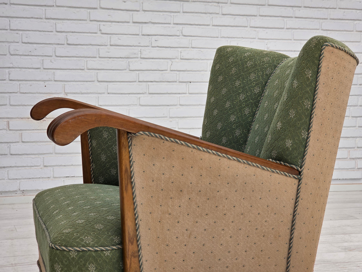 1950s, Danish armchair, original green/beige furniture wool fabric, oak wood.