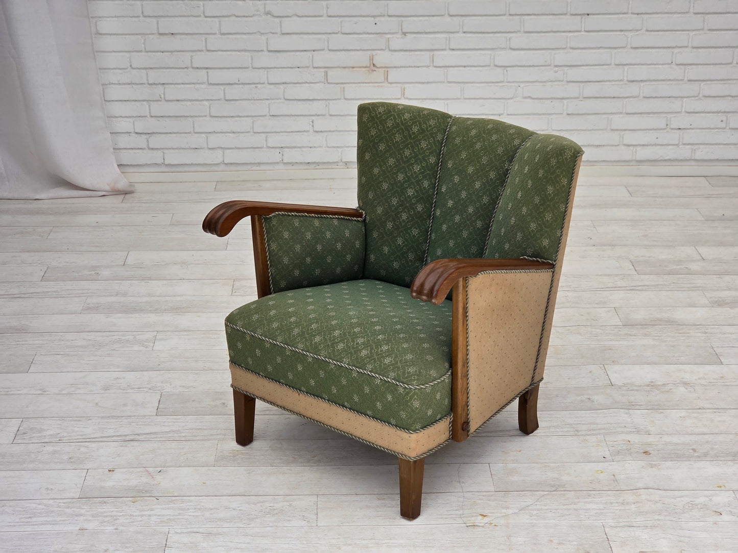 1950s, Danish armchair, original green/beige furniture wool fabric, oak wood.