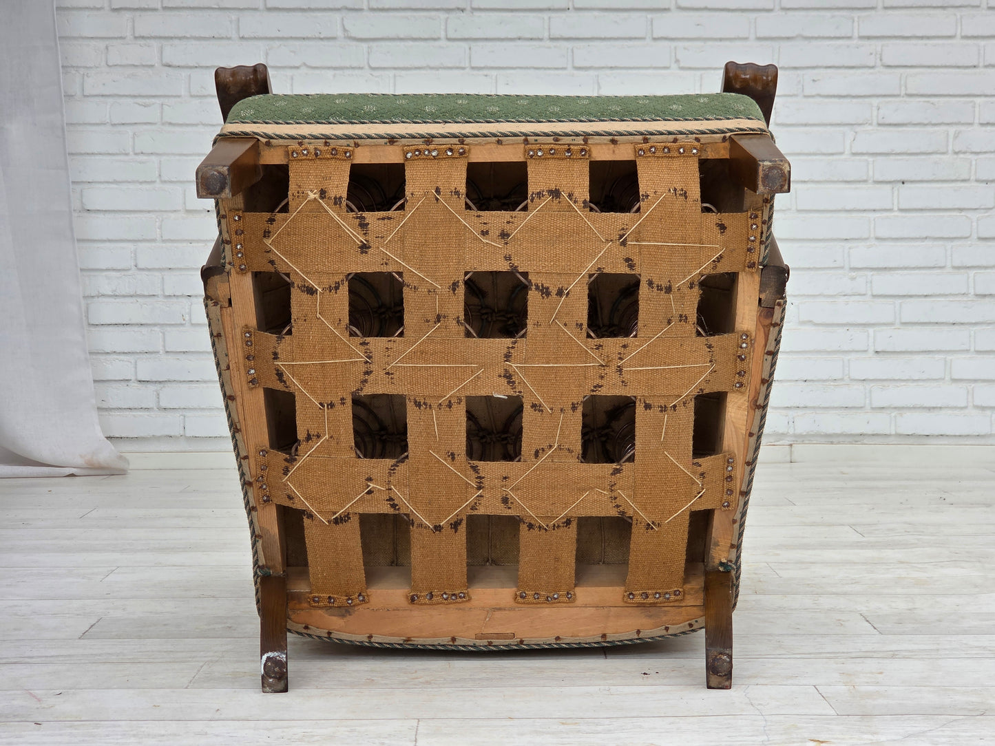 1950s, Danish armchair, original green/beige furniture wool fabric, oak wood.