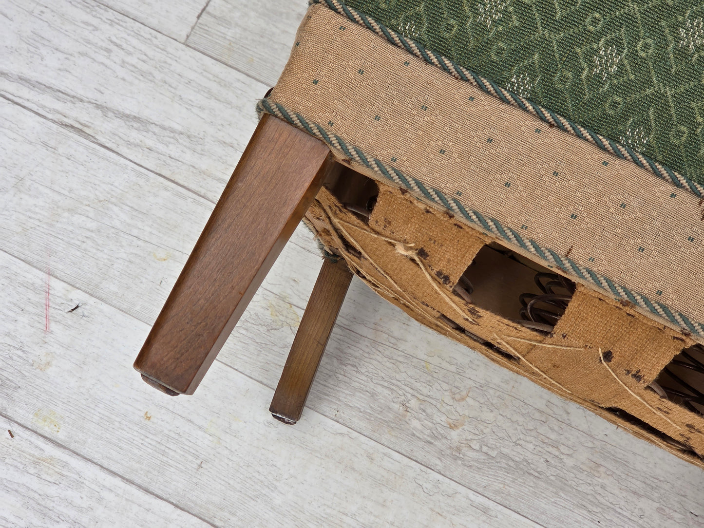 1950s, Danish armchair, original green/beige furniture wool fabric, oak wood.