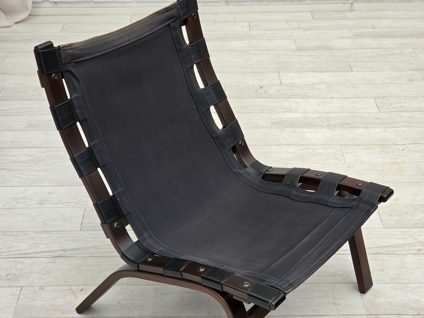 1970s, Danish loungechair by Farstrup, furniture leather, canvas, bent wood.