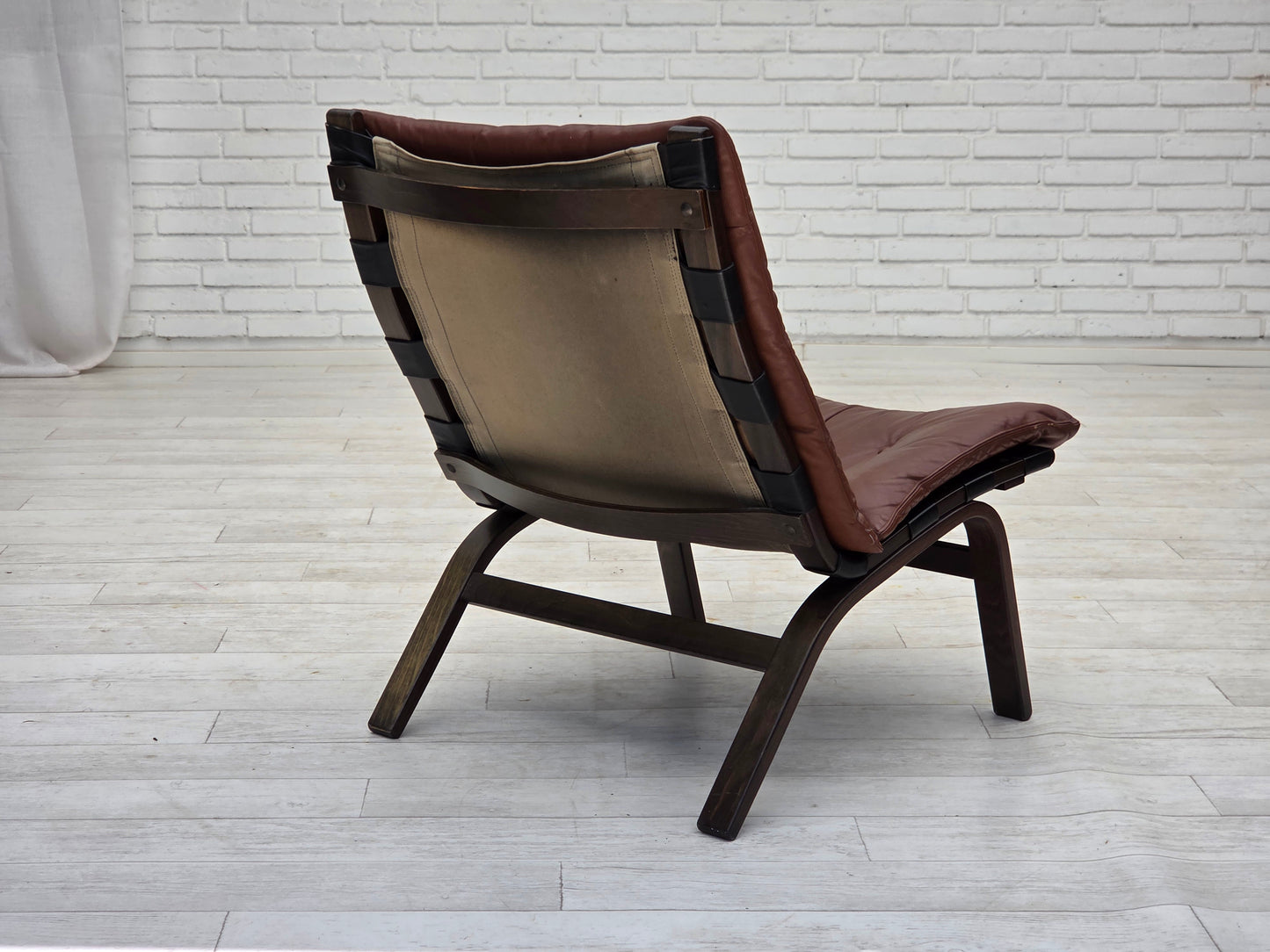 1970s, Danish loungechair by Farstrup, furniture leather, canvas, bent wood.