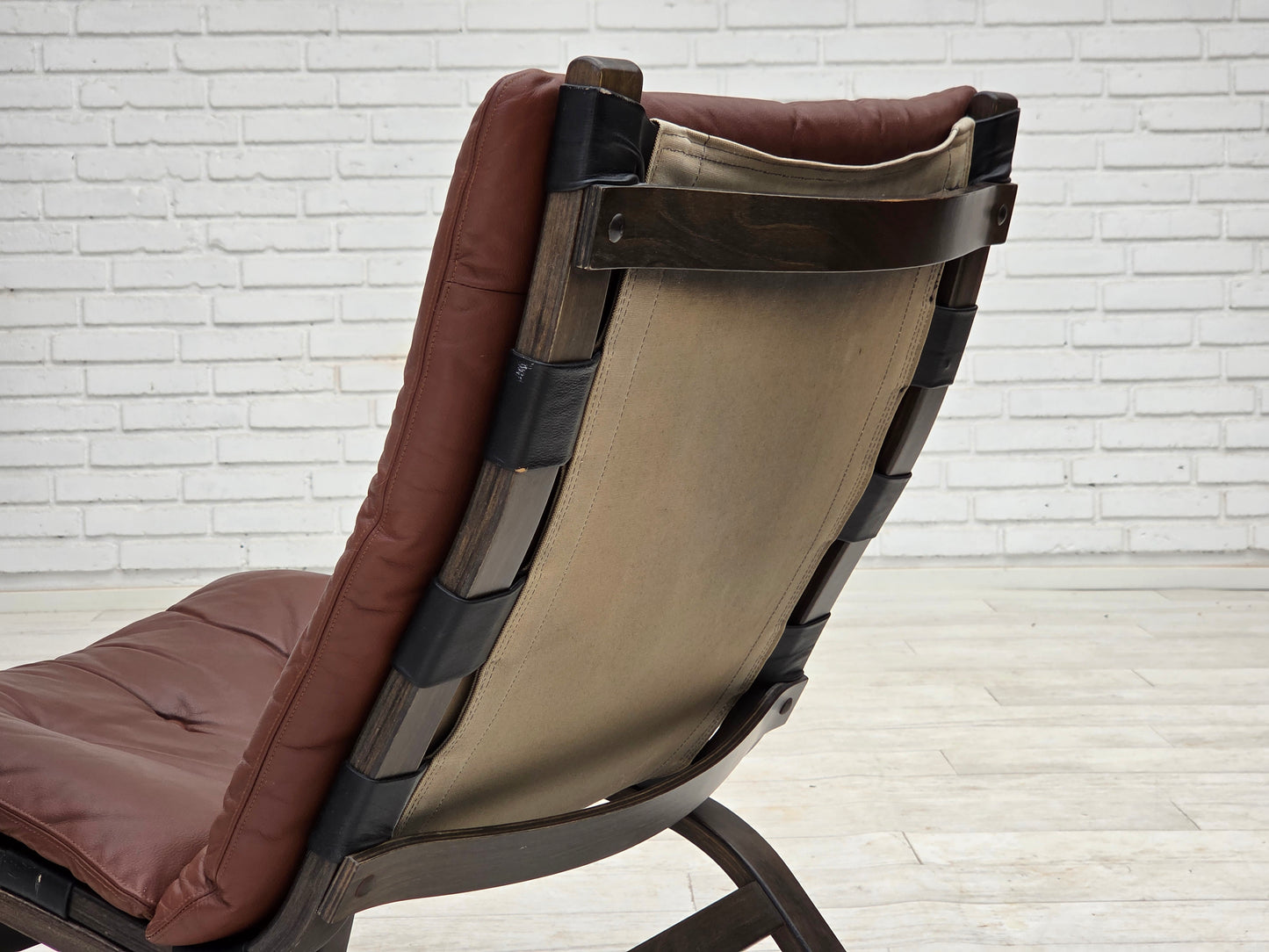 1970s, Danish loungechair by Farstrup, furniture leather, canvas, bent wood.