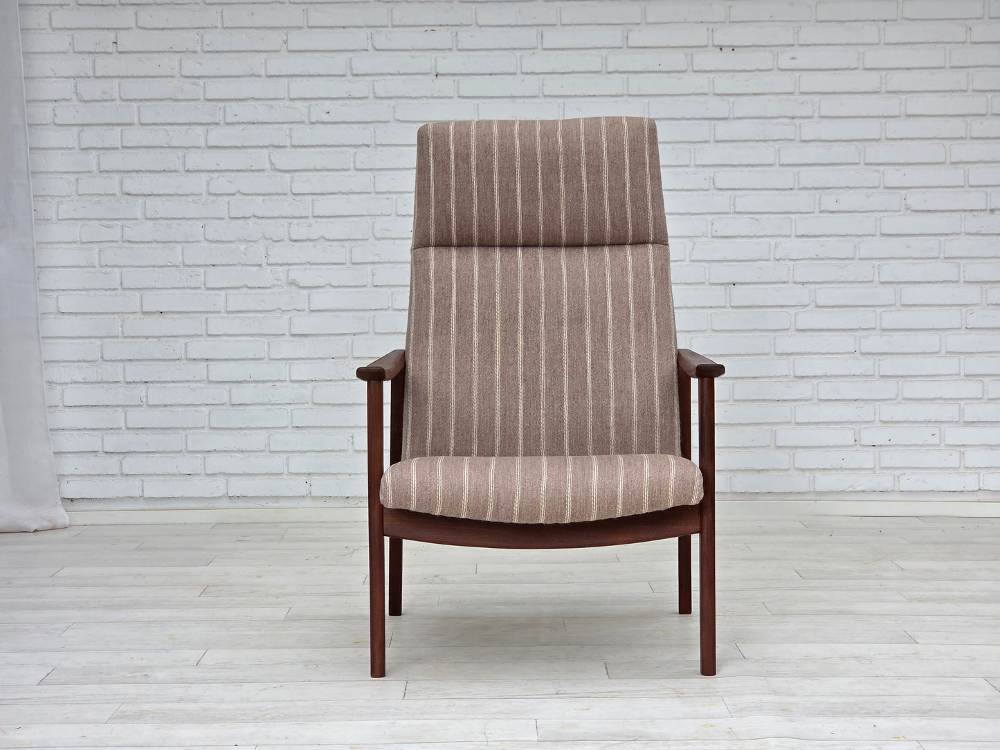 1970s, Danish highback armchair, furniture wool, teak wood, original.
