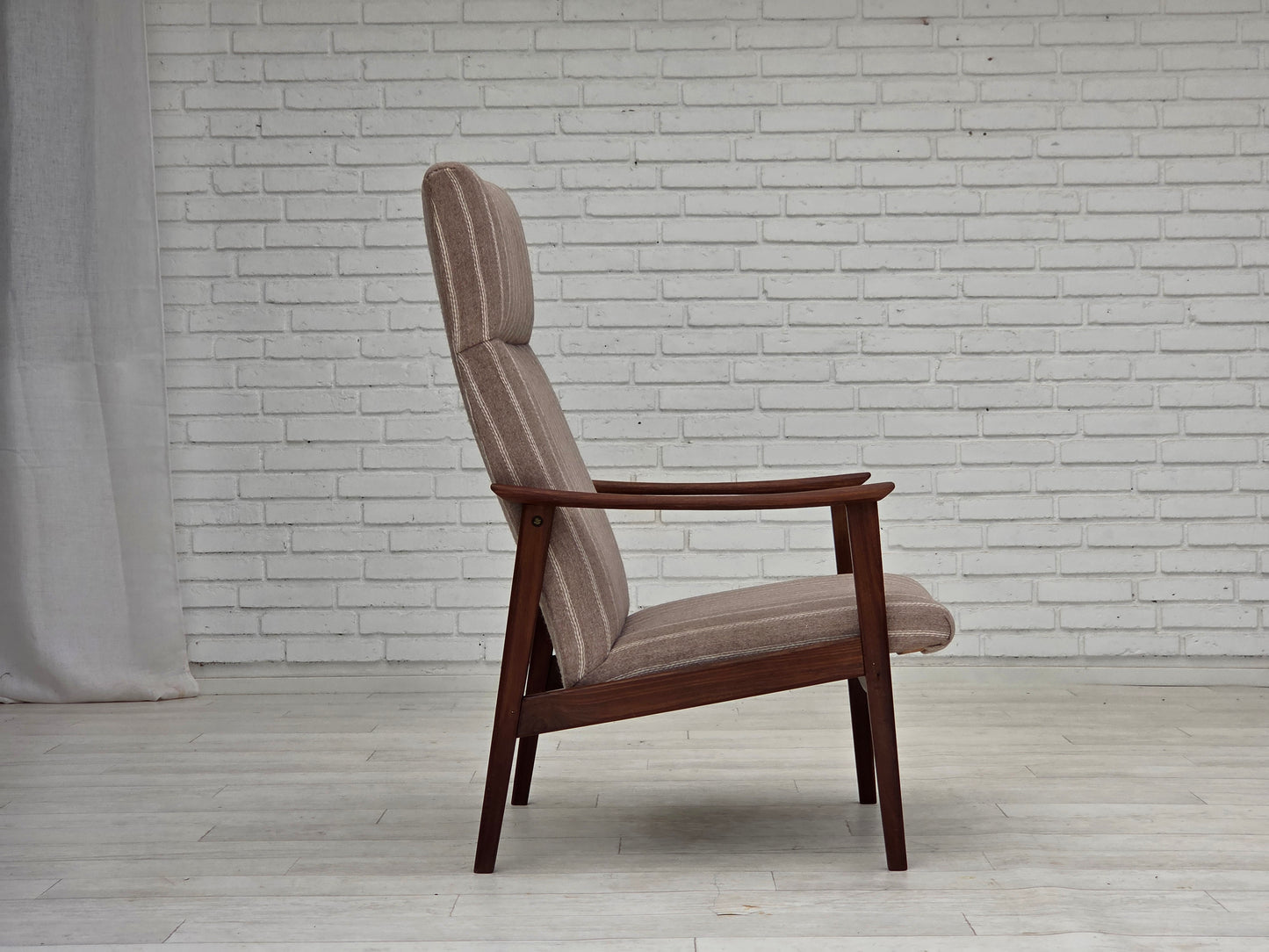 1970s, Danish highback armchair, furniture wool, teak wood, original.