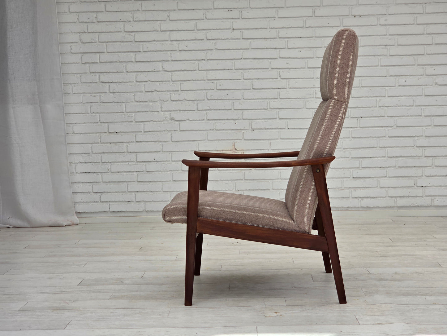 1970s, Danish highback armchair, furniture wool, teak wood, original.