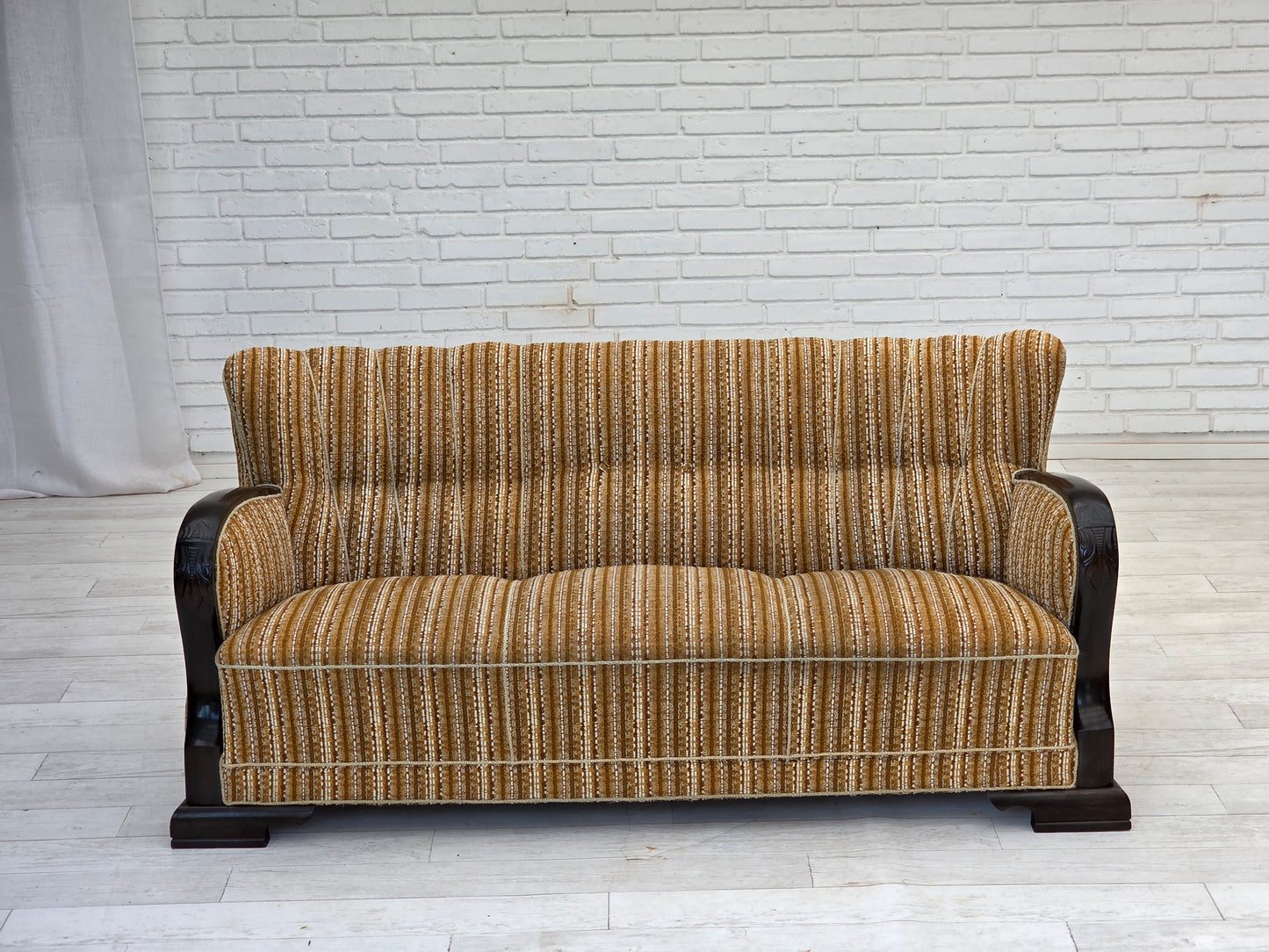 1960s, Danish 3-seater sofa, original, brown furniture wool, beech wood.