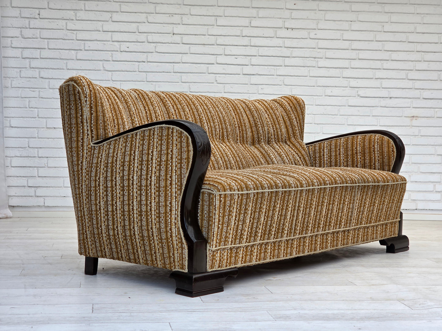 1960s, Danish 3-seater sofa, original, brown furniture wool, beech wood.