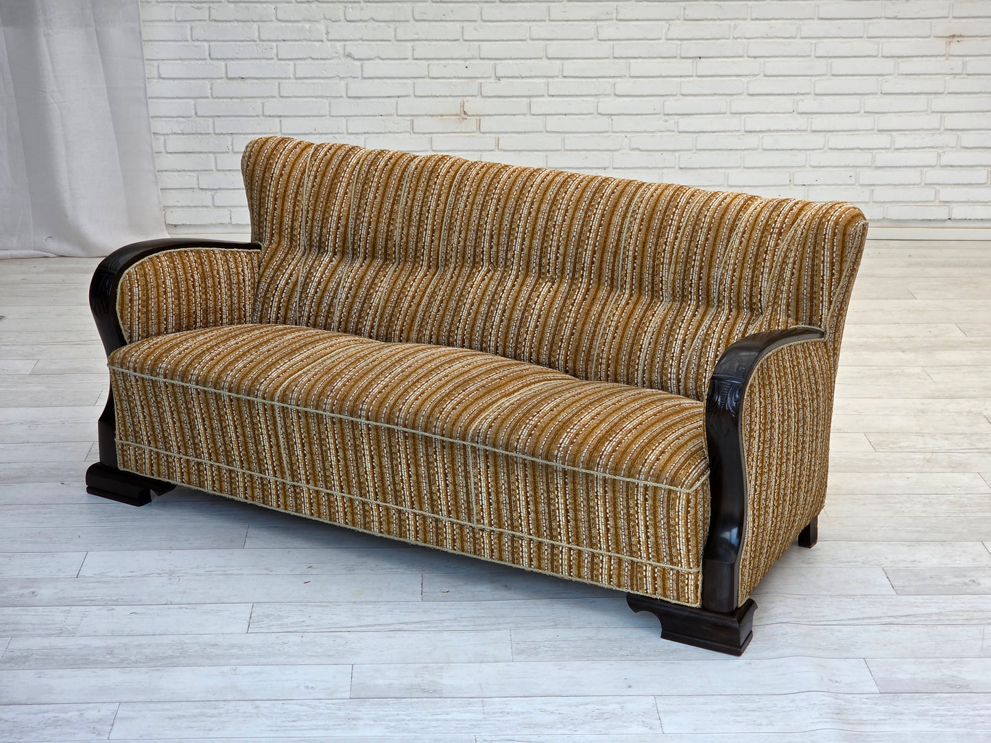 1960s, Danish 3-seater sofa, original, brown furniture wool, beech wood.