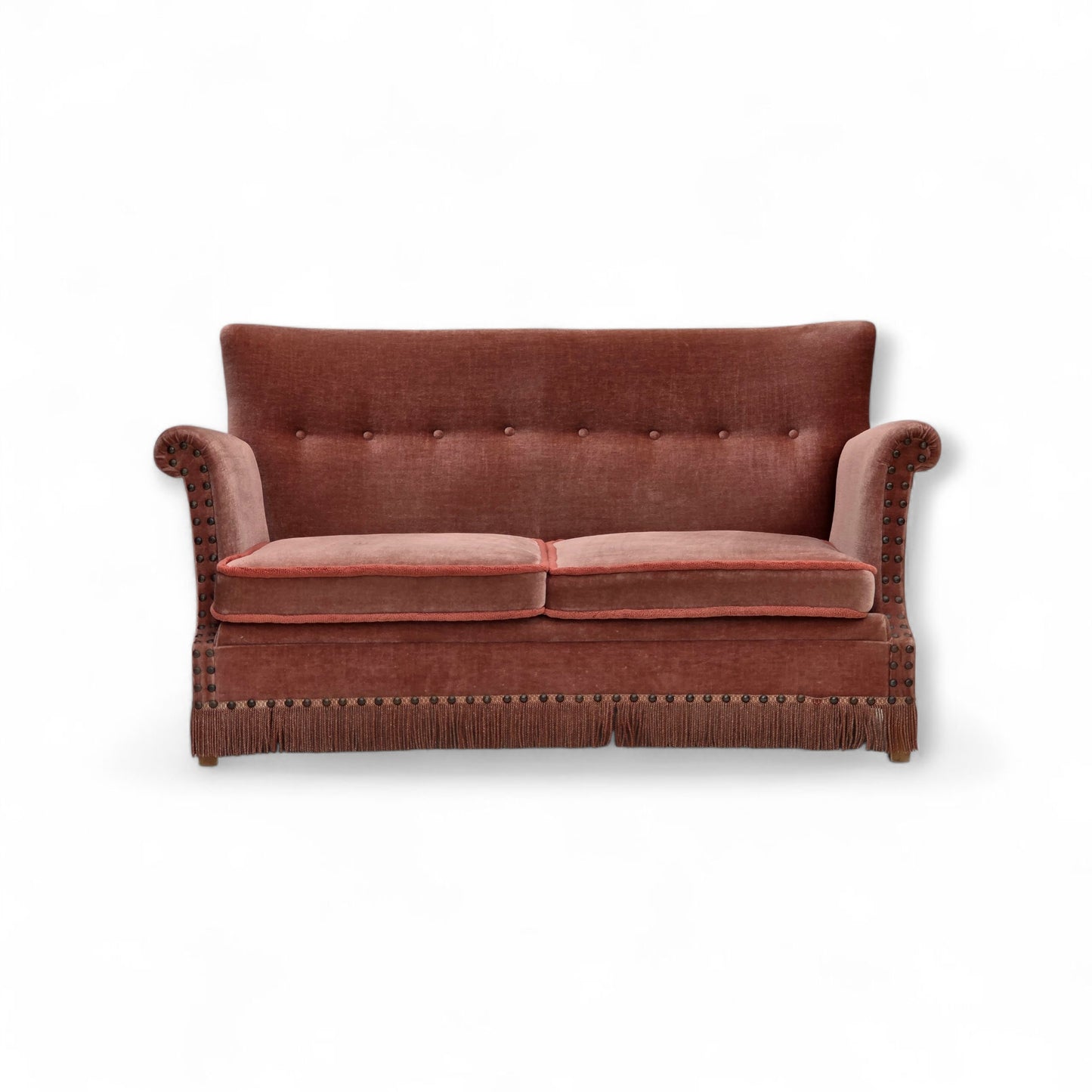 1970s, Danish 2-seater sofa, original salmon pink furniture velour, beech wood.