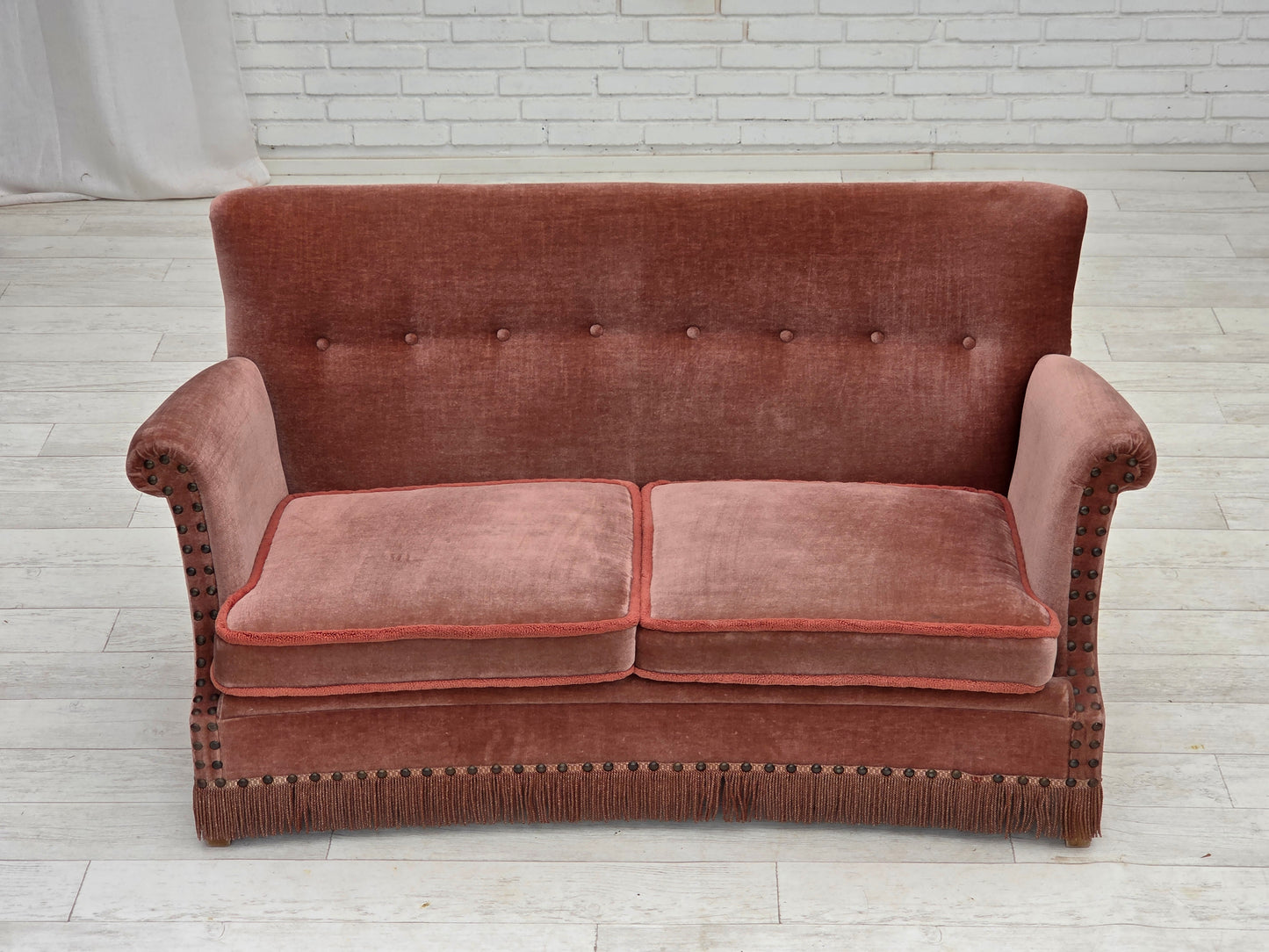 1970s, Danish 2-seater sofa, original salmon pink furniture velour, beech wood.