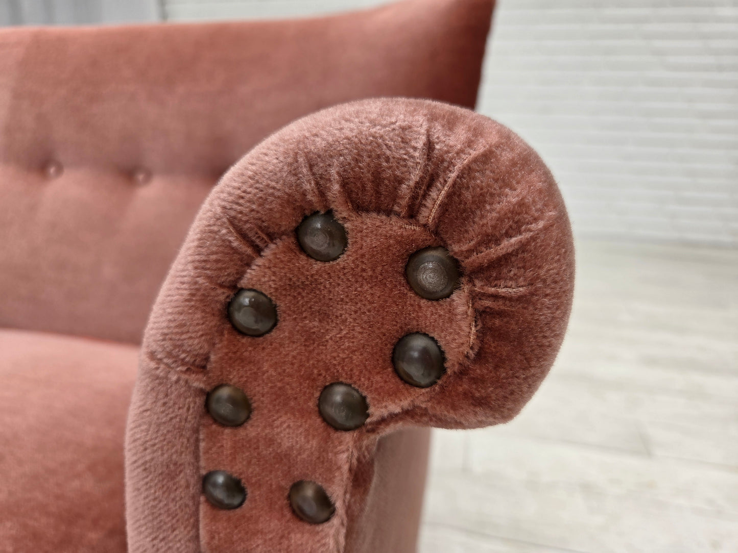 1970s, Danish 2-seater sofa, original salmon pink furniture velour, beech wood.